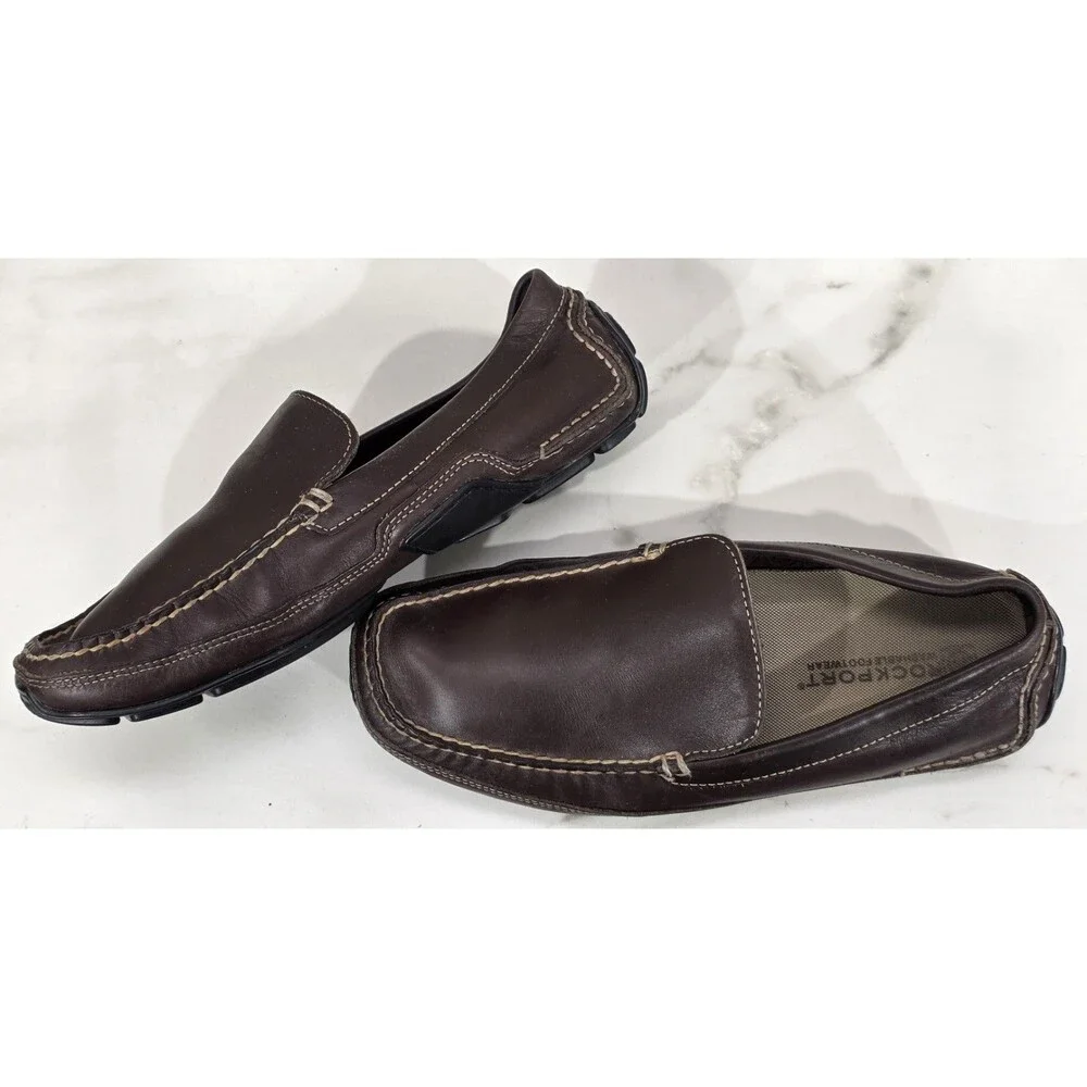 Rockport Driving Loafers Men 9.5 W Brown Leather Moccasin Washable Casual Resort